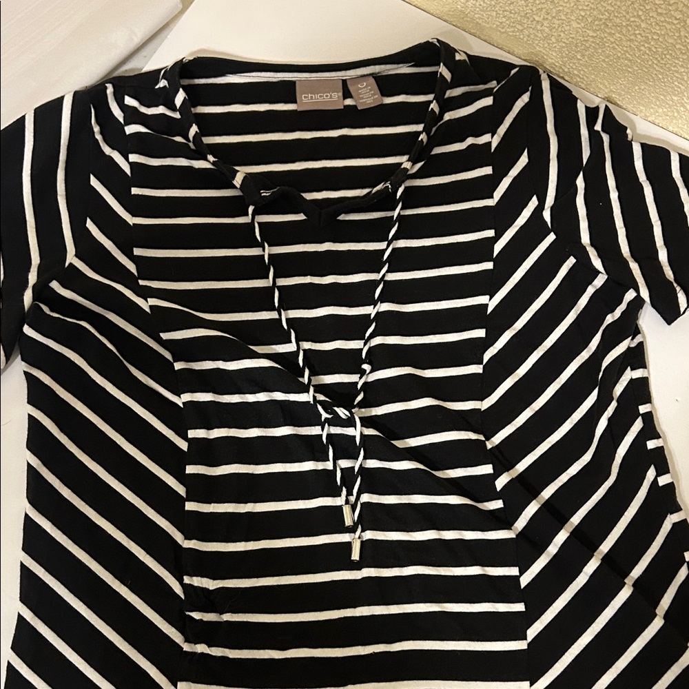 Chico's Black and White Striped Short-Sleeve Tie-Front Tee